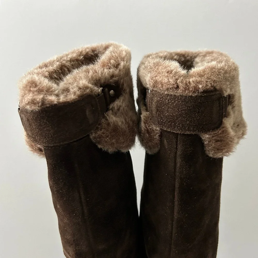 Aquatalia Tall Boots Suede Brown Faux Fur Trim Weatherproof Lug Sole 40 EU 10 US